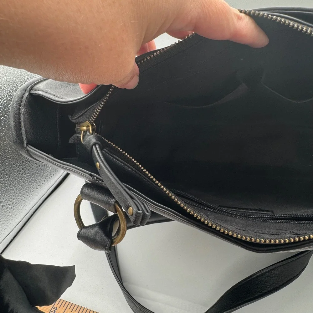 Frye and Co Black Faux Leather Satchel Crossbody Bag Brass Hardware Large